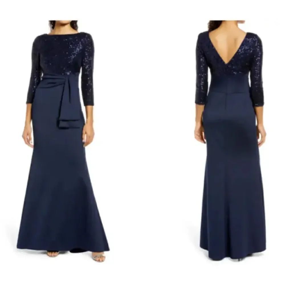 ELIZA J Navy Sequin Bodice Stretch Knit Skirt Pleated Bow Detail Maxi Gown 8